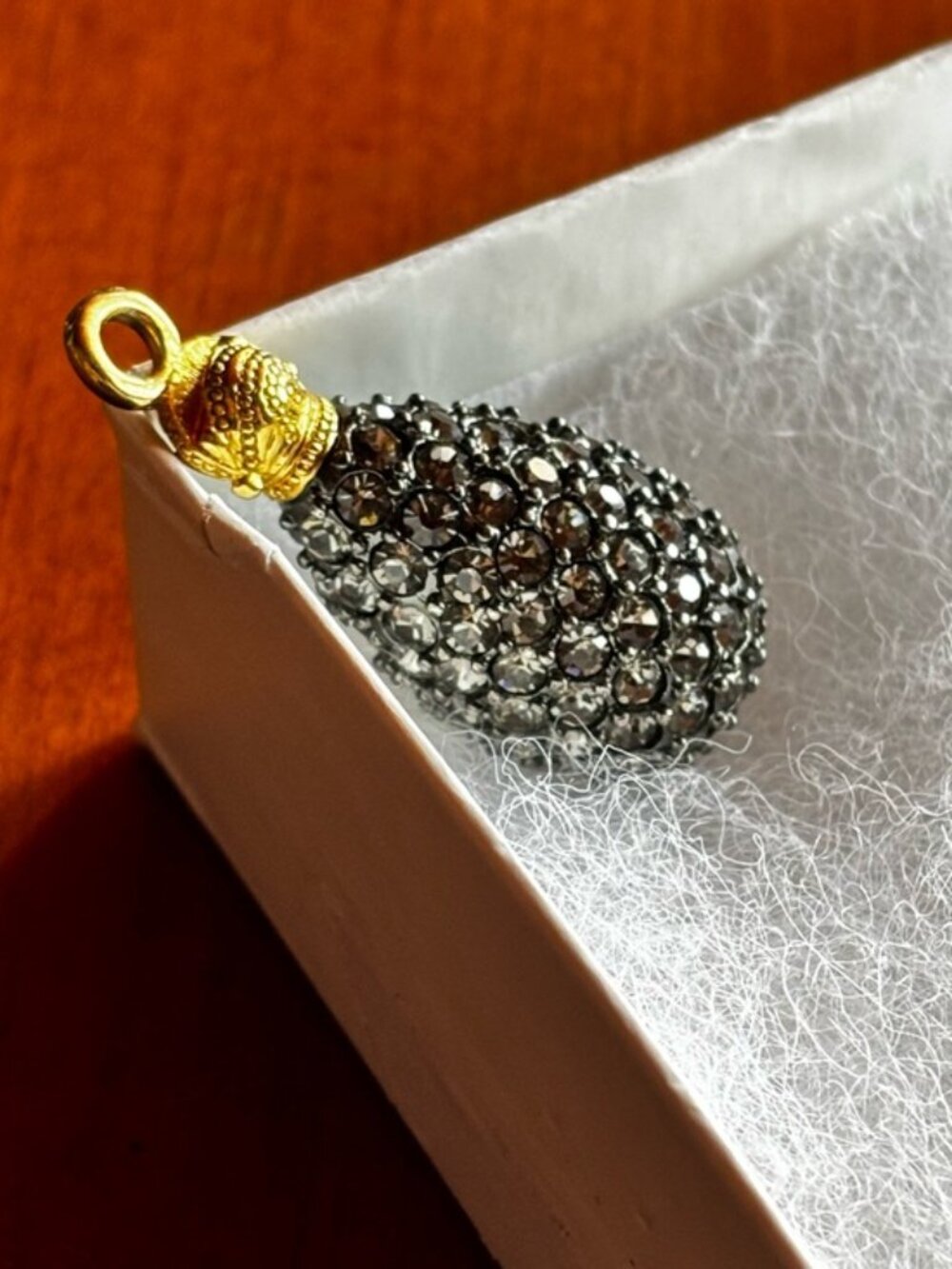 Vintage Joan Rivers Black Caviar Crystal Gunmetal Egg Gold Plated Crown Pendant